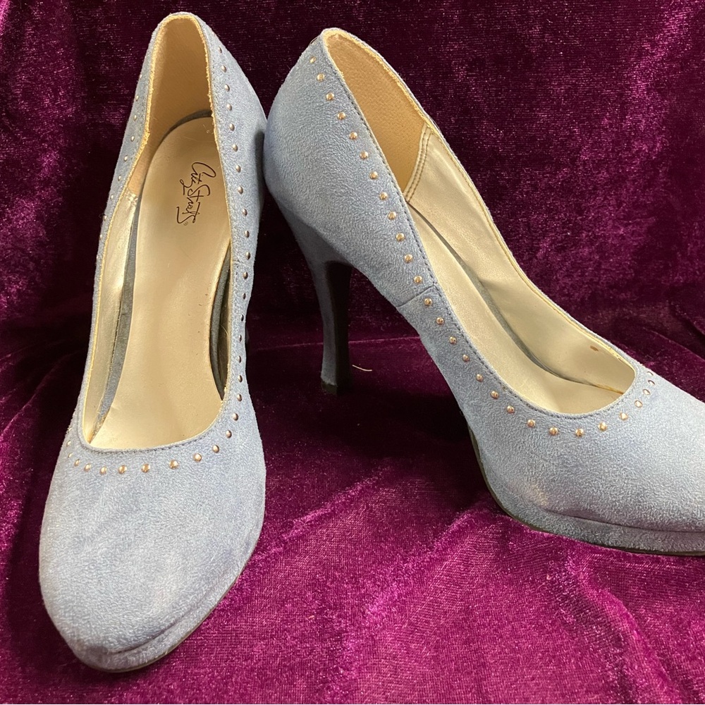 City streets blue suade heels